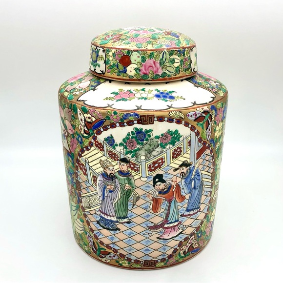 Huge Porcelain Canister Famille Rose Asian Figural Gold Gilt Floral Tea Caddy - Picture 6 of 15